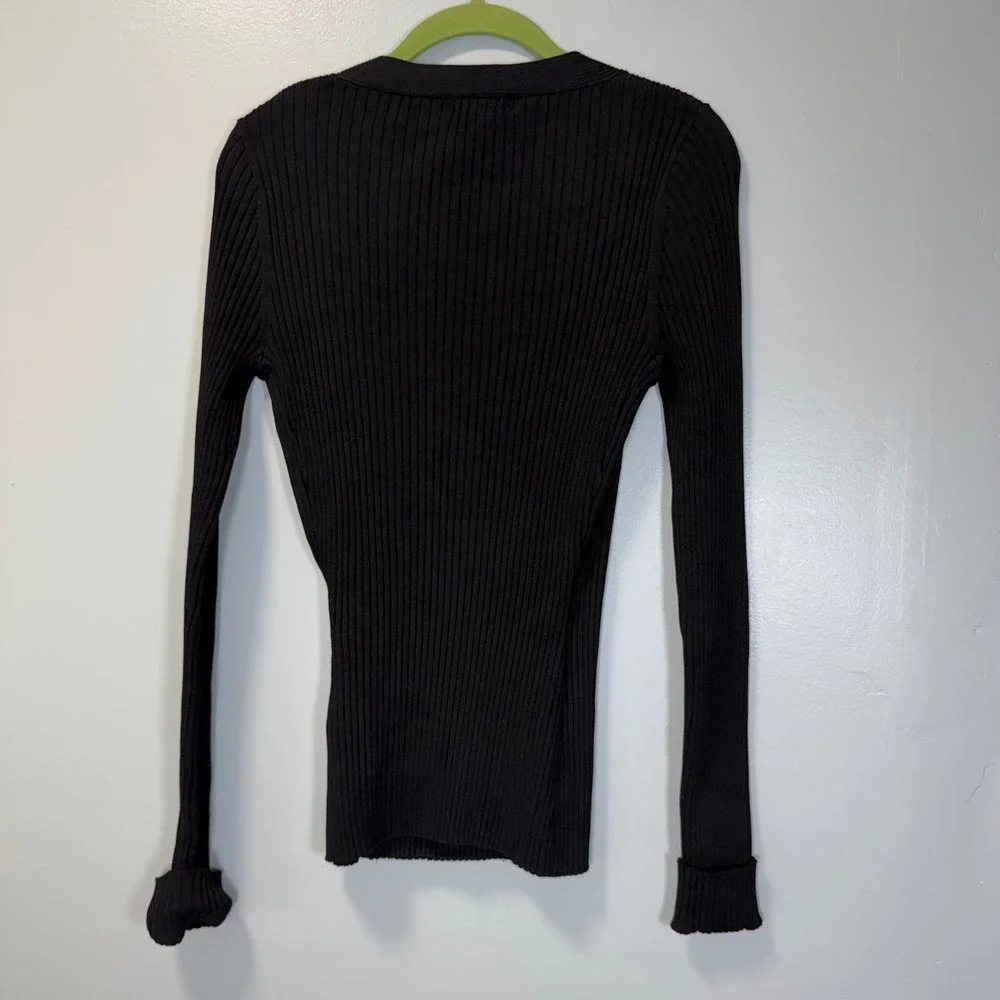 Cache Vintage Y2K Ribbed Knit Wrap‎ Top Long Sleeve V-Neck Black Sweater  M